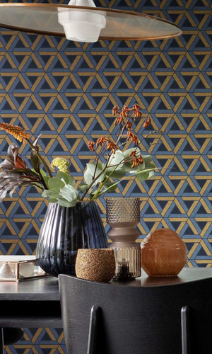Midnight Blue & Copper Fibrous Web Geometric Wallpaper R7391
