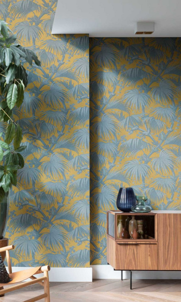 Blue & Yellow Exotic Palm Tree Botanical Wallpaper R7392