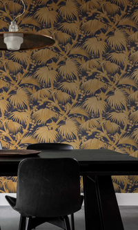 Midnight Blue & Copper Exotic Palm Tree Botanical Wallpaper R7395