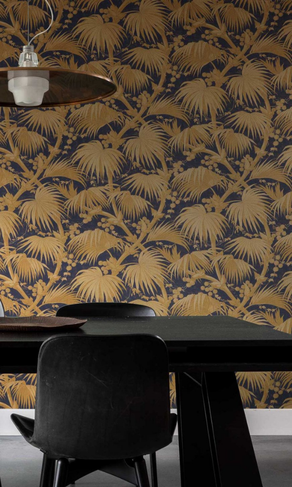 Midnight Blue & Copper Exotic Palm Tree Botanical Wallpaper R7395