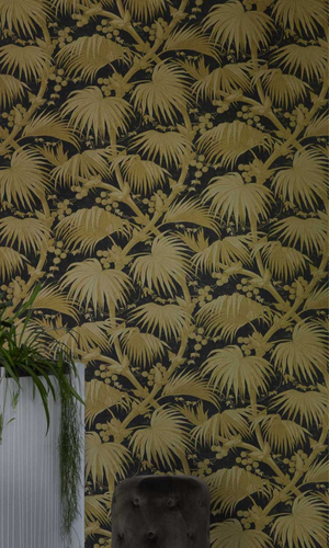 Black & Gold Exotic Palm Tree Botanical Wallpaper R7396