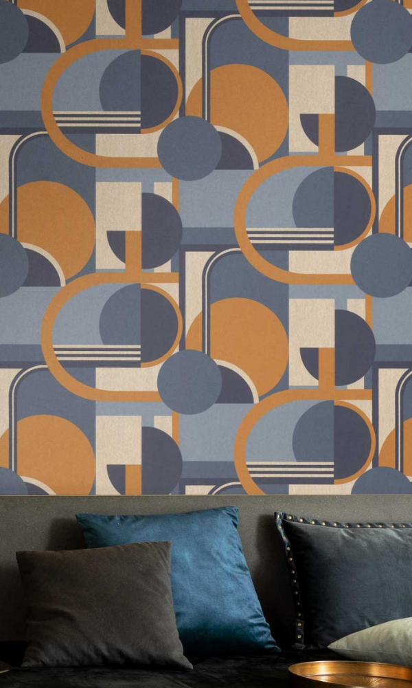 Midnight Blue & Orange Modern Painting Geometric Wallpaper R7399