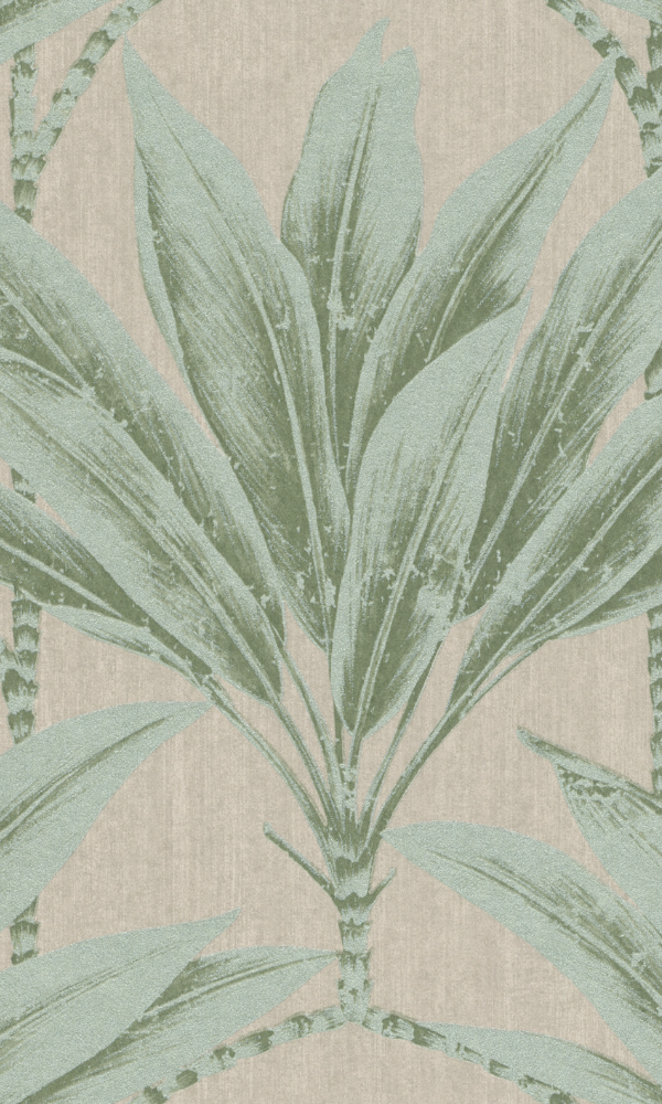Beige & Green Palm Tree Motif Botanical Wallpaper R7404