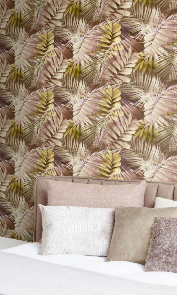 Pink Yellow & Brown Antigua Palm Leaves Tropical Wallpaper R7467