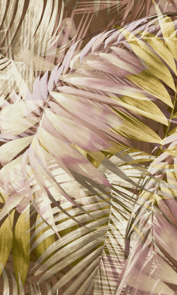 Pink Yellow & Brown Antigua Palm Leaves Tropical Wallpaper R7467