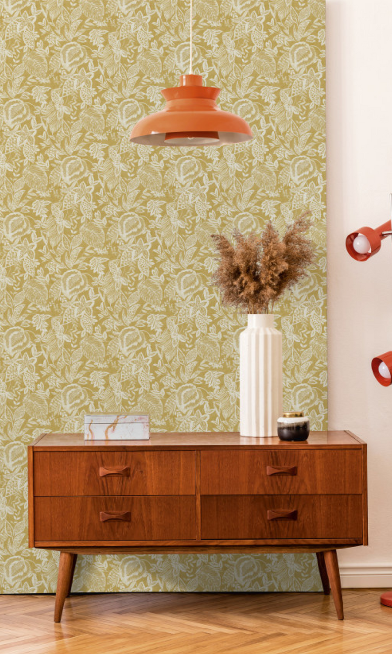 Ochre Tropical Mae Blue Leaves Tropical Wallpaper R7473