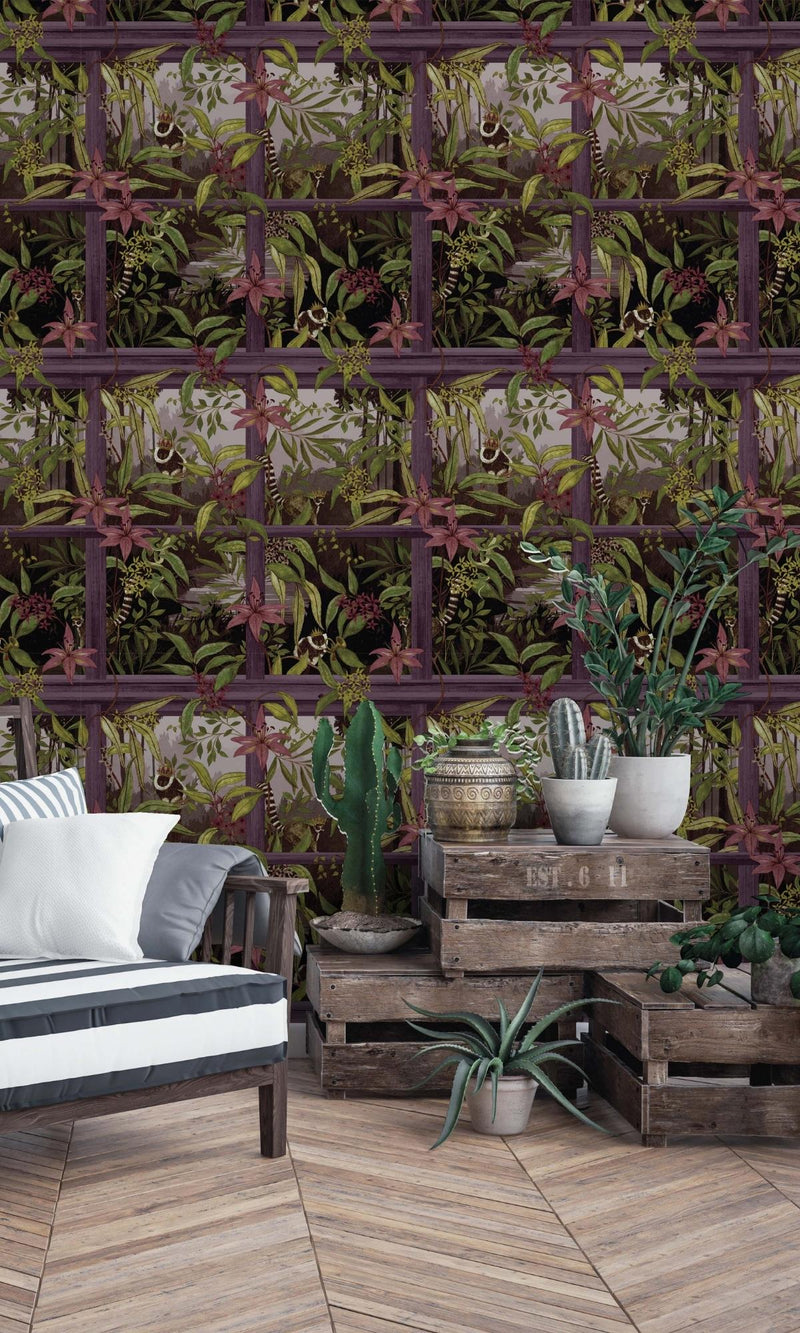 Plum Tropical Floral Foliage Wallpaper R7558