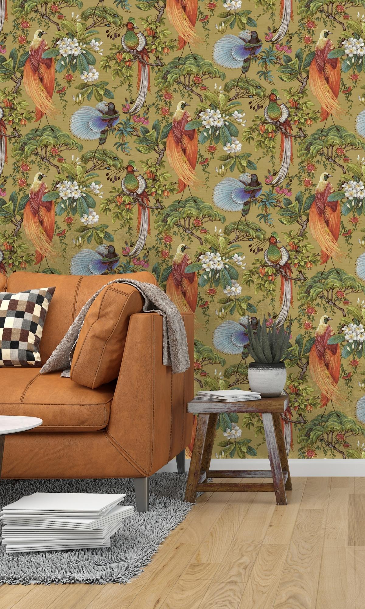 Ochre Painted Oriental Birds and Trees Tropical Wallpaper R7561