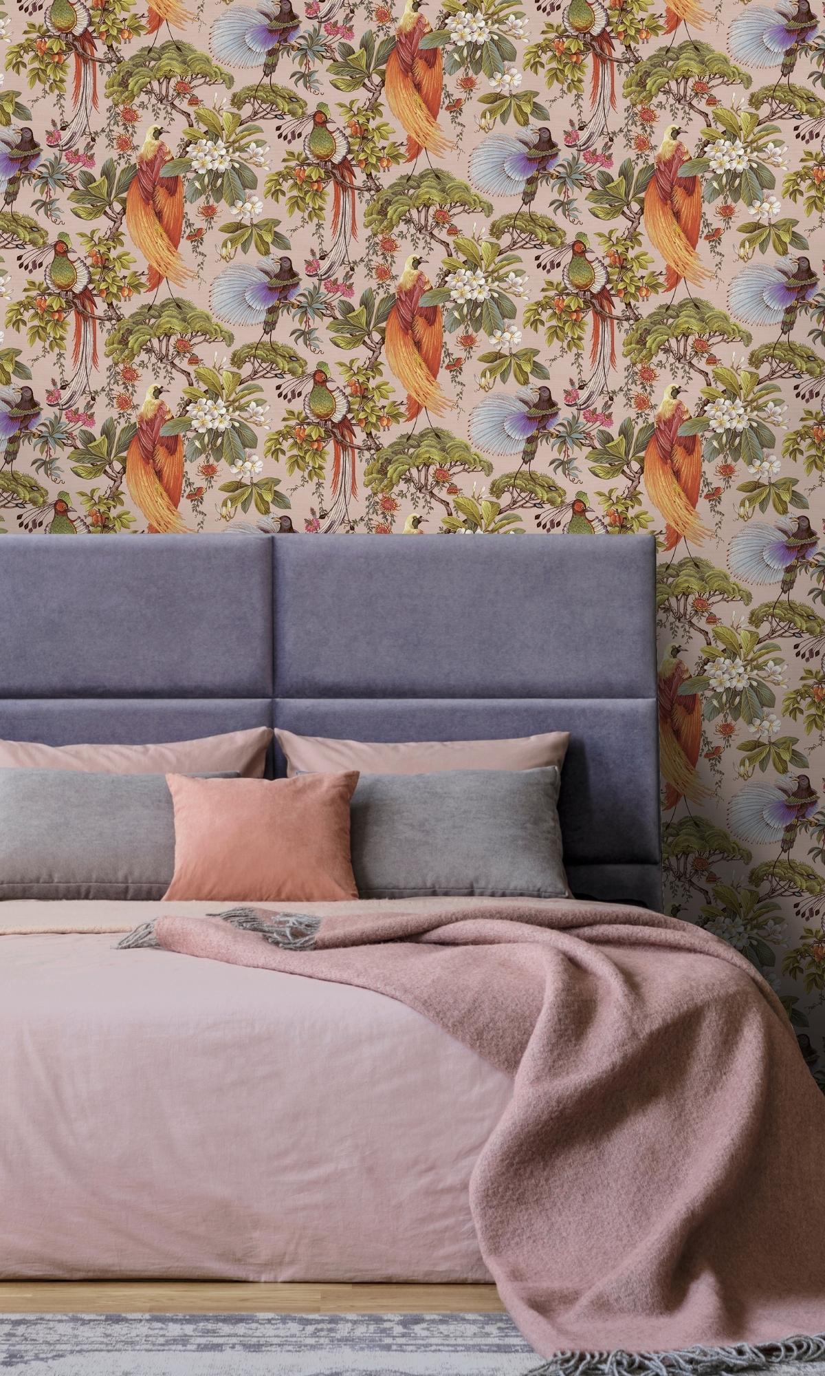 Pink Painted Oriental Birds and Trees Tropical Wallpaper R7562