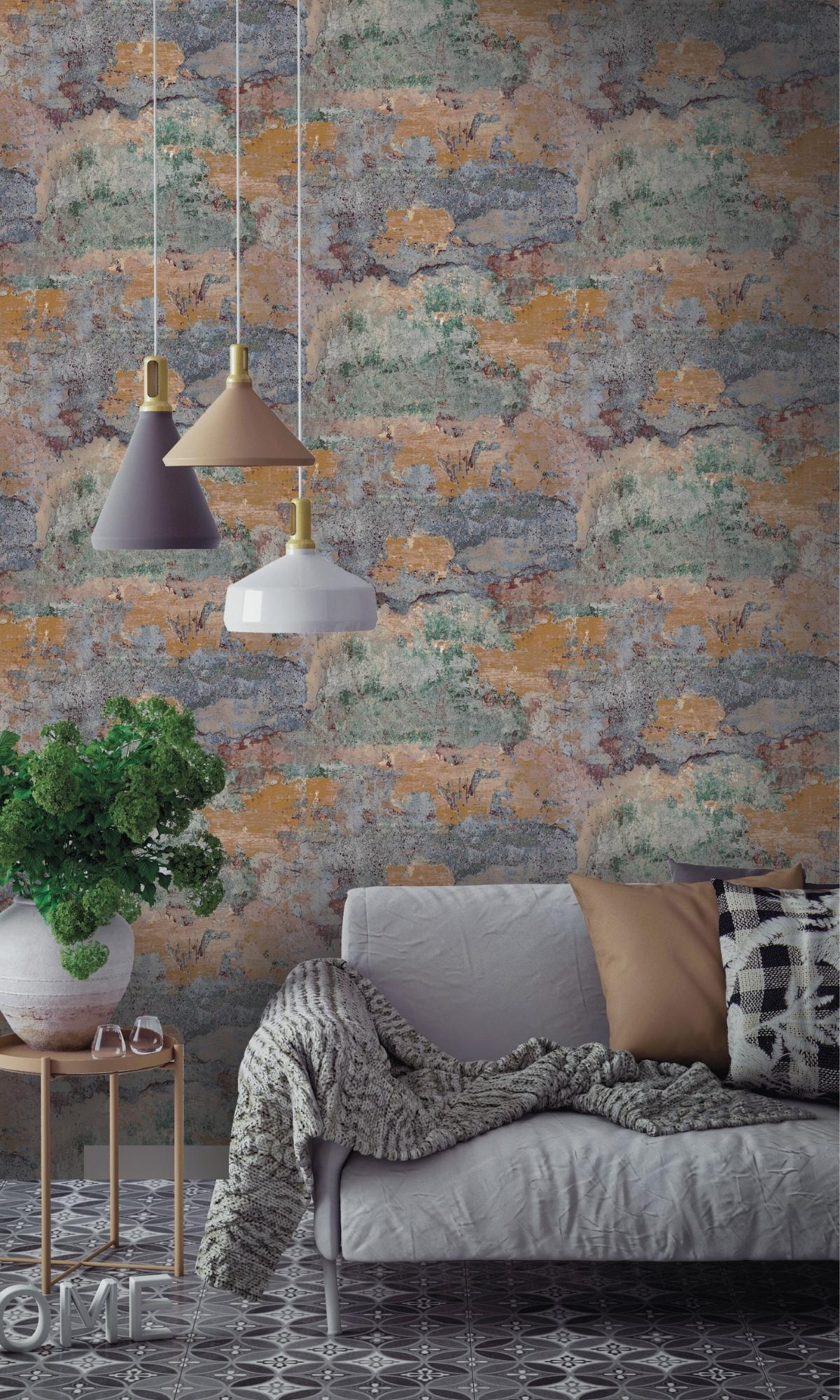 Multi-Color Distressed Faux Concrete Effect Wallpaper R7572