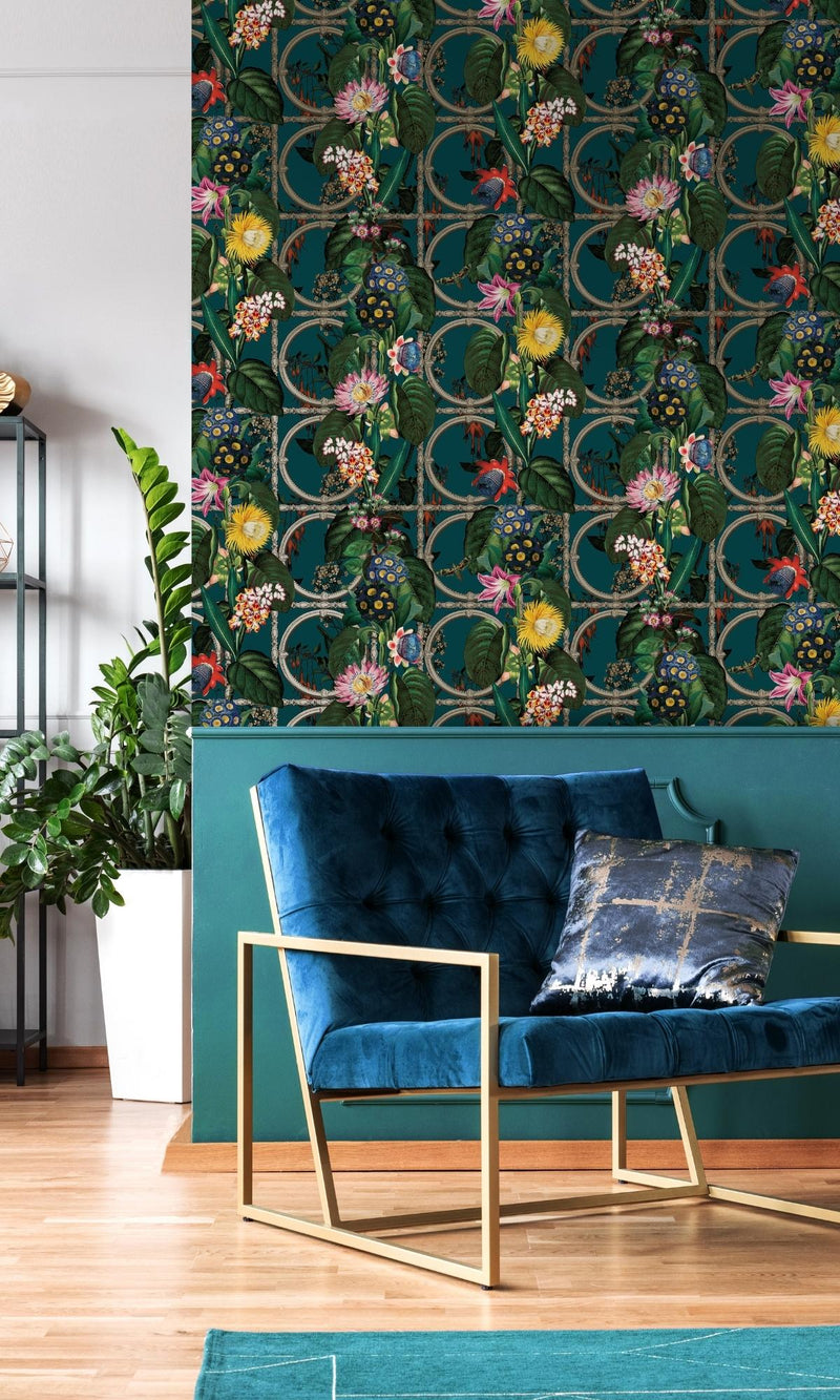 Teal Metallic Bold Flowers and Leaves Floral Wallpaper R7576