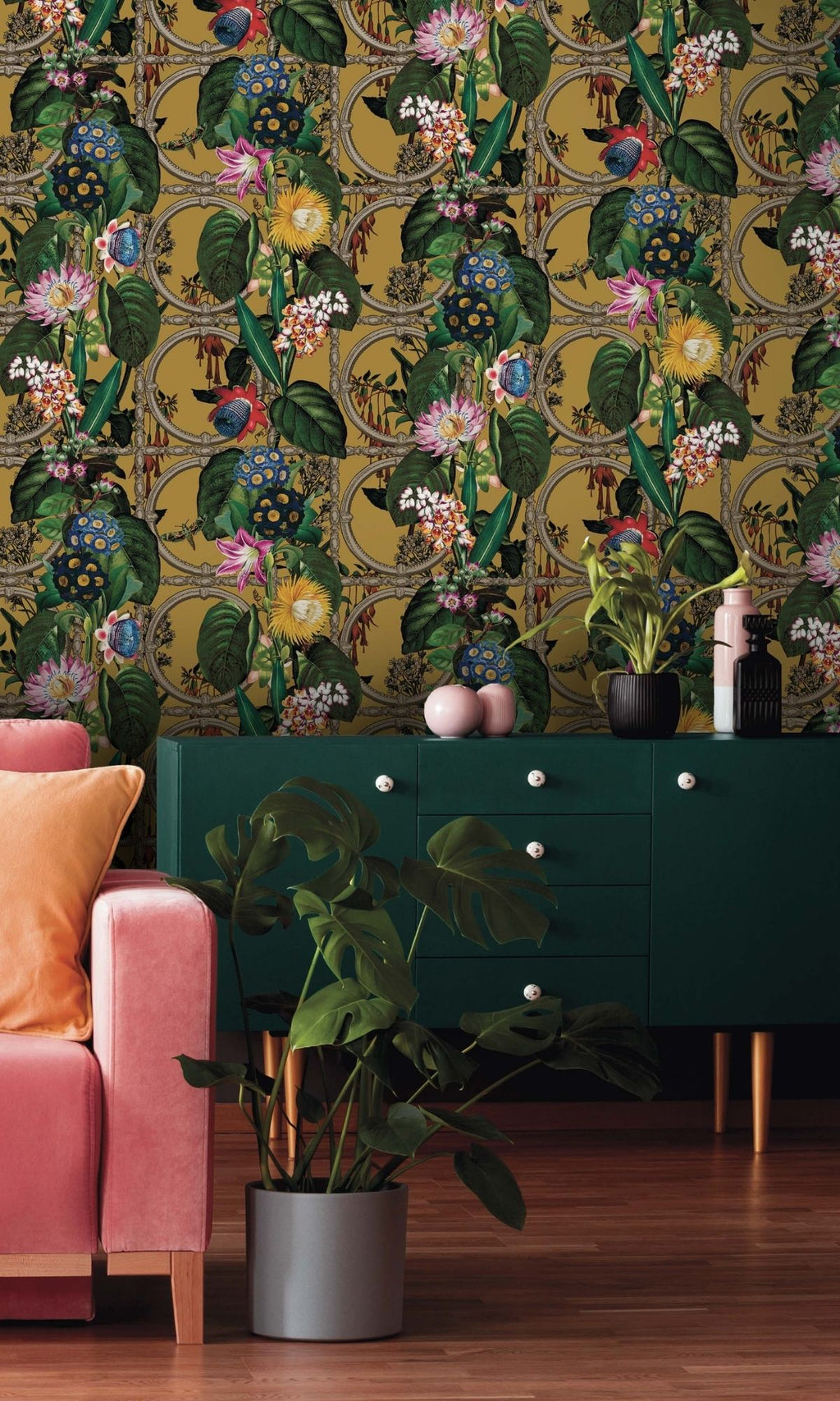 Ochre Metallic Bold Flowers and Leaves Floral Wallpaper R7577
