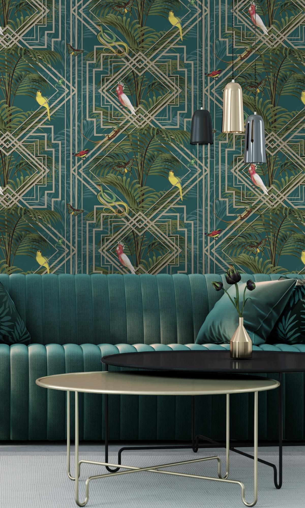 Turquoise Art Deco Geometric Tropical Wallpaper R7586