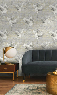 Grey Sarus Crane in the Field Metallic Wallpaper R7587
