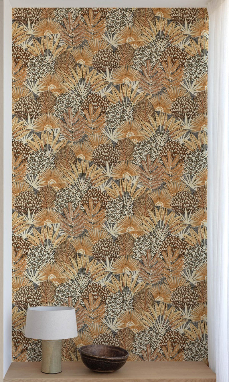 Brown Tropical Dry Leaves Motifs Wallpaper R7714