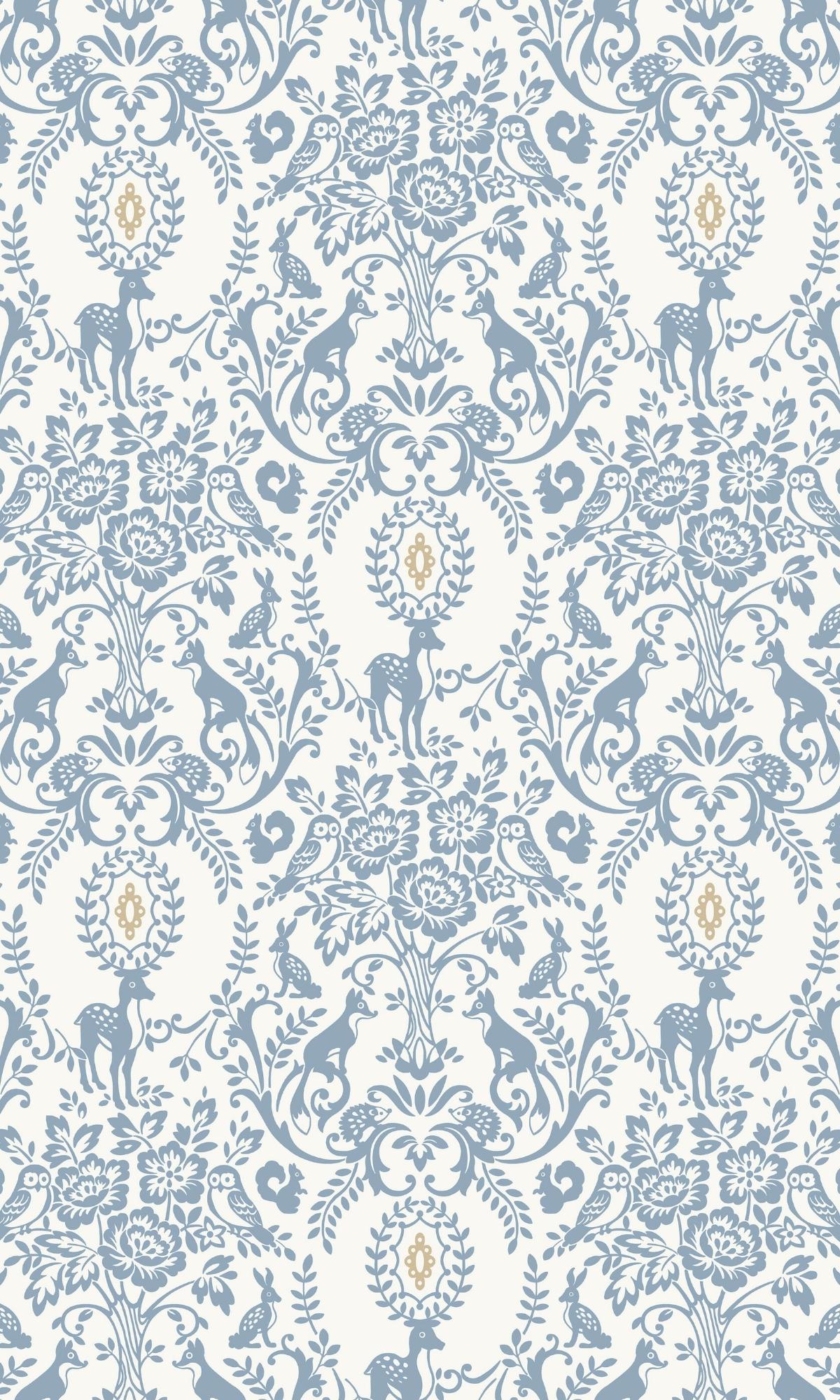Blue Floral Damask With Animals Kids Wallpaper R7777
