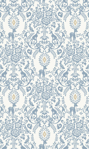 Blue Floral Damask With Animals Kids Wallpaper R7777