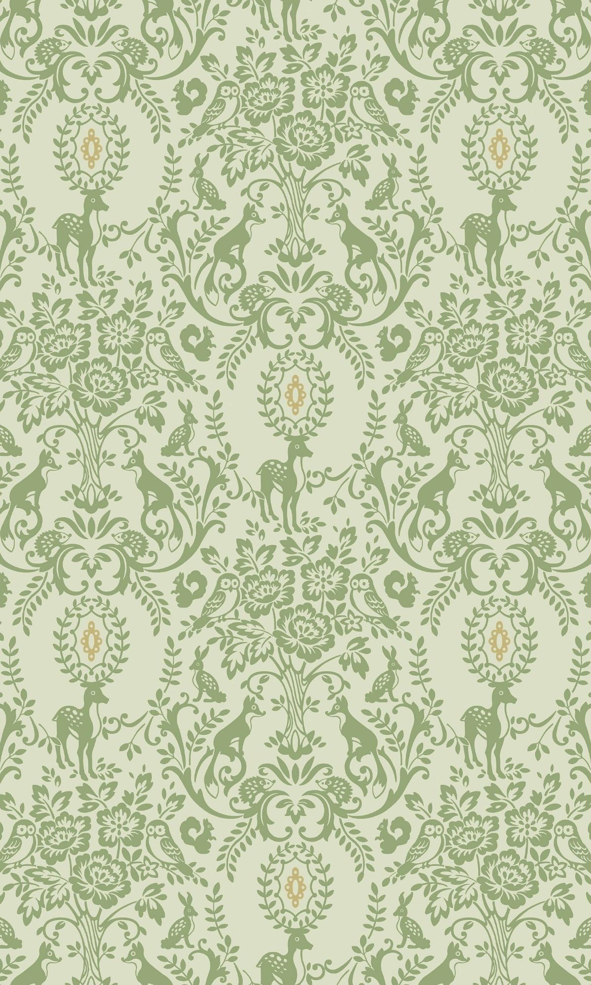 Green Floral Damask With Animals Kids Wallpaper R7778
