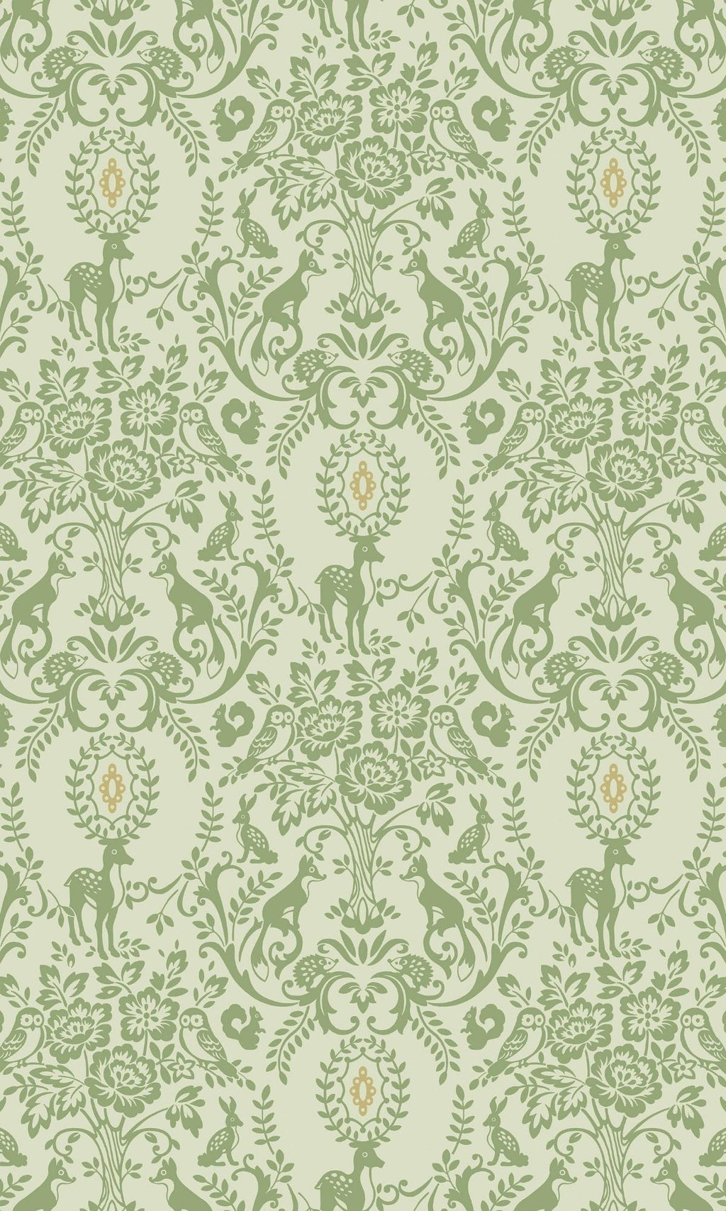 Green Floral Damask With Animals Kids Wallpaper R7778