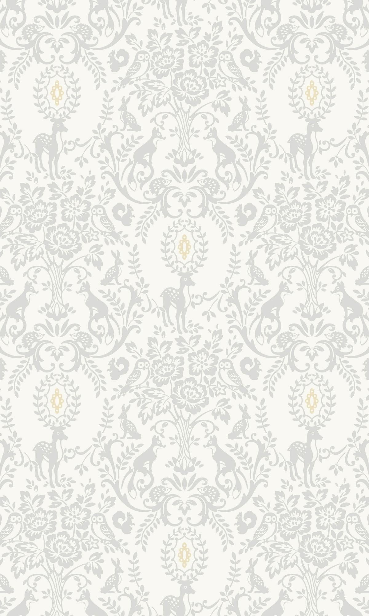 Grey Floral Damask With Animals Kids Wallpaper R7779