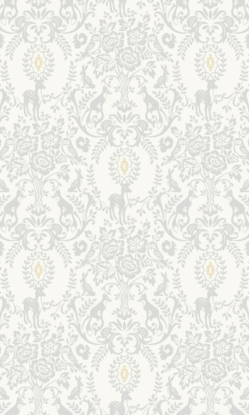 Grey Floral Damask With Animals Kids Wallpaper R7779