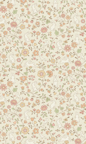 Beige Stylish Flowers with Bunny & Birds Floral Wallpaper R7785