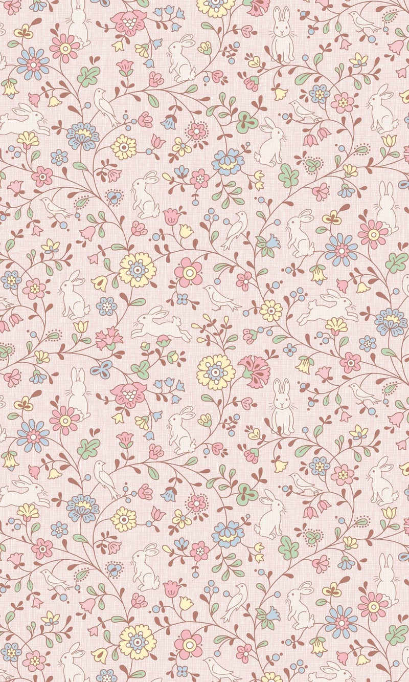 Pink Stylish Flowers with Bunny & Birds Floral Wallpaper R7786