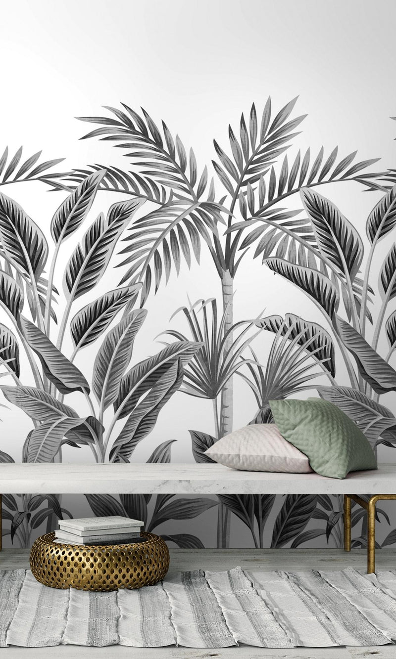 Black and White Tropical Forest Jungle Digital Wallpaper RM2021