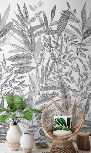 Black & White Life size Banana Leaves Jungle Digital Wallpaper RM2022