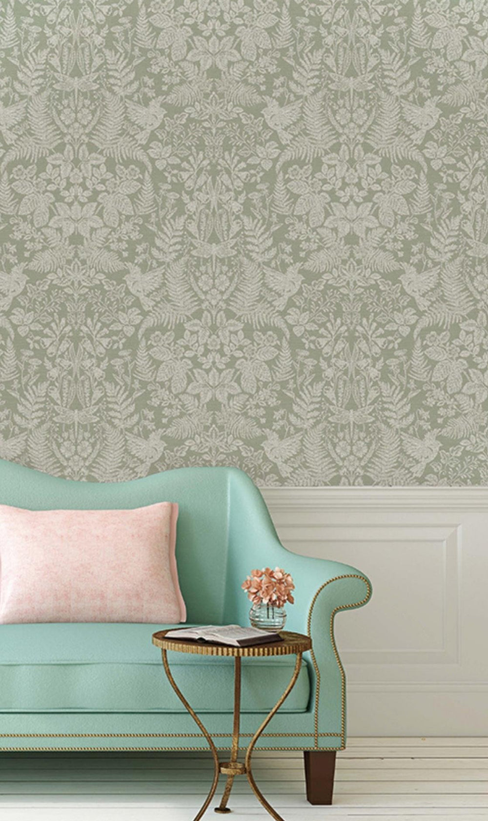 Sage Floral Stitch Damask Wallpaper R7676 – Walls Republic US