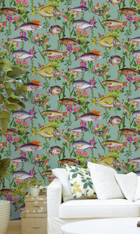 teal floral wallpaper