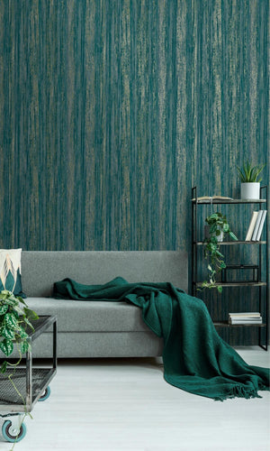 Teal Distressed Metallic Tree-Bark Like Earthy Wallpaper R7616