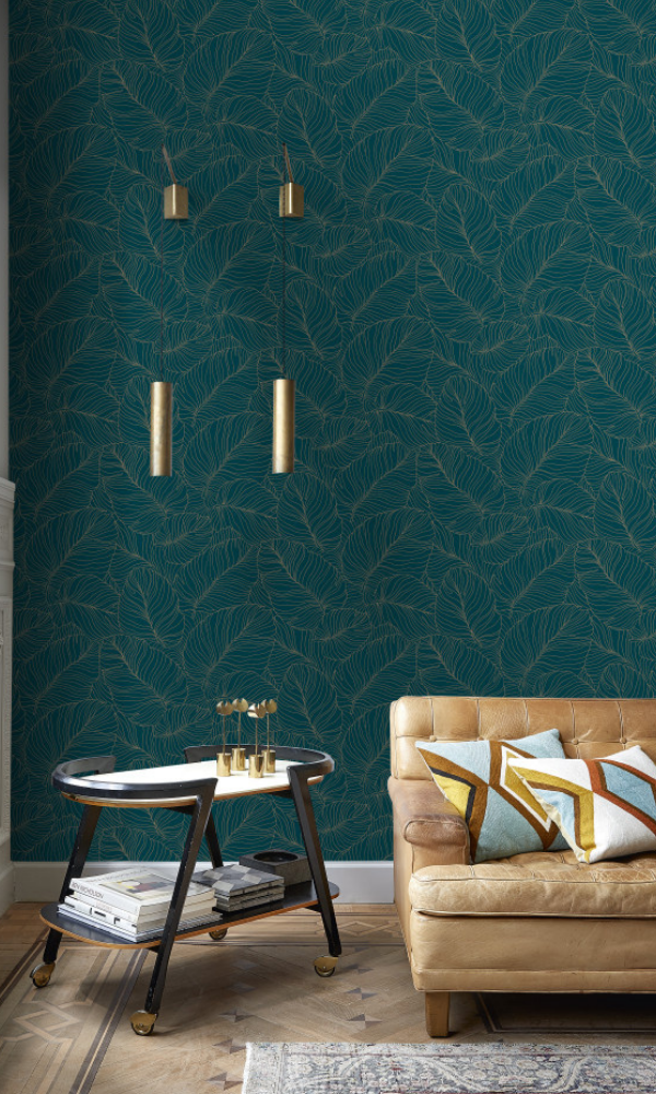 Teal Leaf Outline Abstract Wallpaper R7464