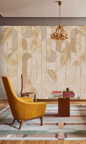 Yellow Geometric shapes and Tropical Leaves Mural Wallpaper M1128