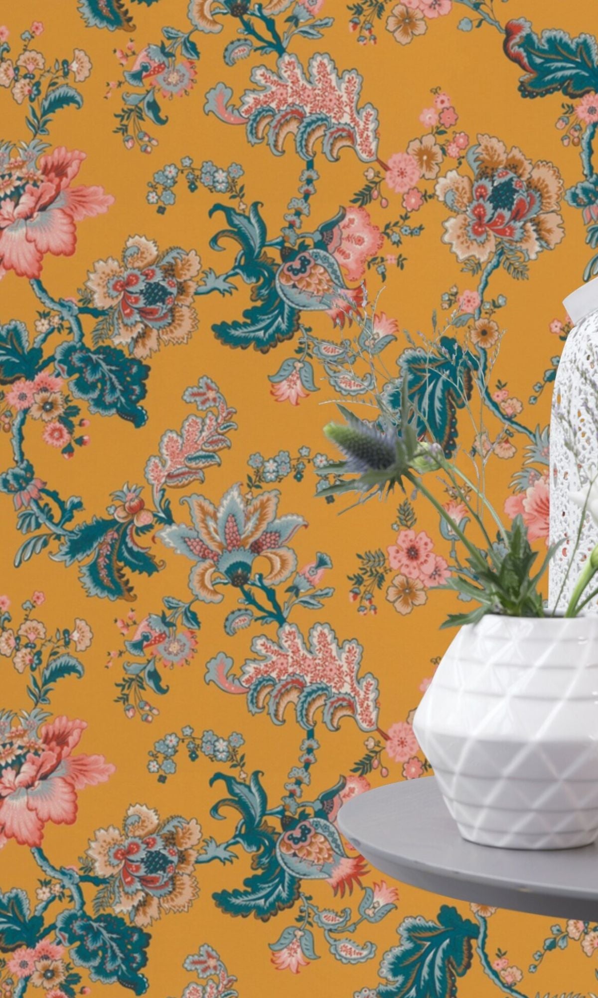 Yellow Hand Painted Fantasy Floral Blossoms Wallpaper R7875