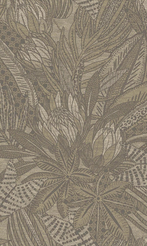 Beige Bold Leaves and Protea Flowers Tropical Wallpaper R7685