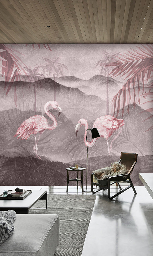tropical flamingos waiting room wallpaper