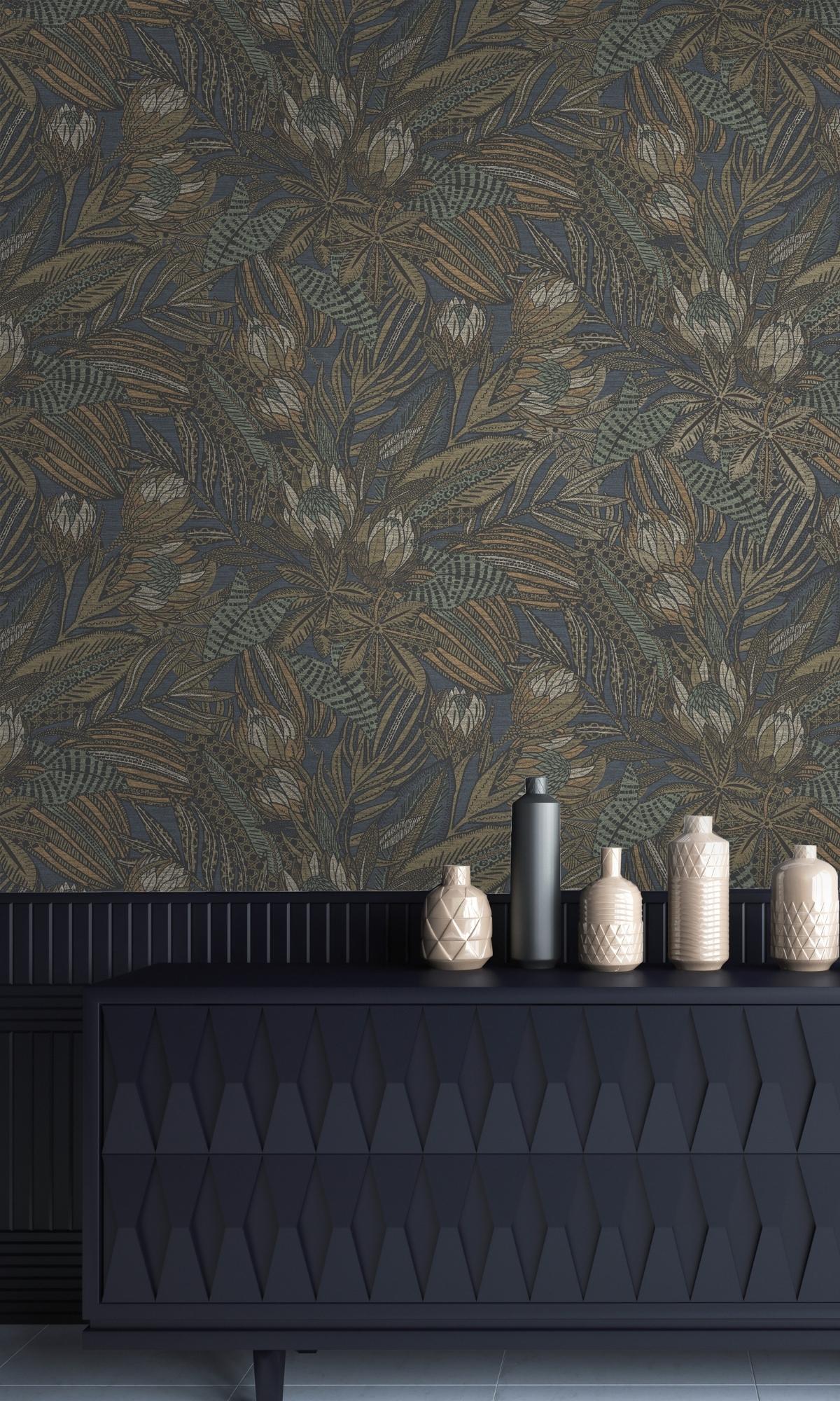 Navy Bold Leaves and Protea Flowers Tropical Wallpaper R7687
