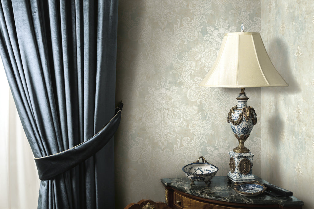 Rustic Painted Damask Wallpaper Taupe and Blue R4850 . Damask Wallpaper