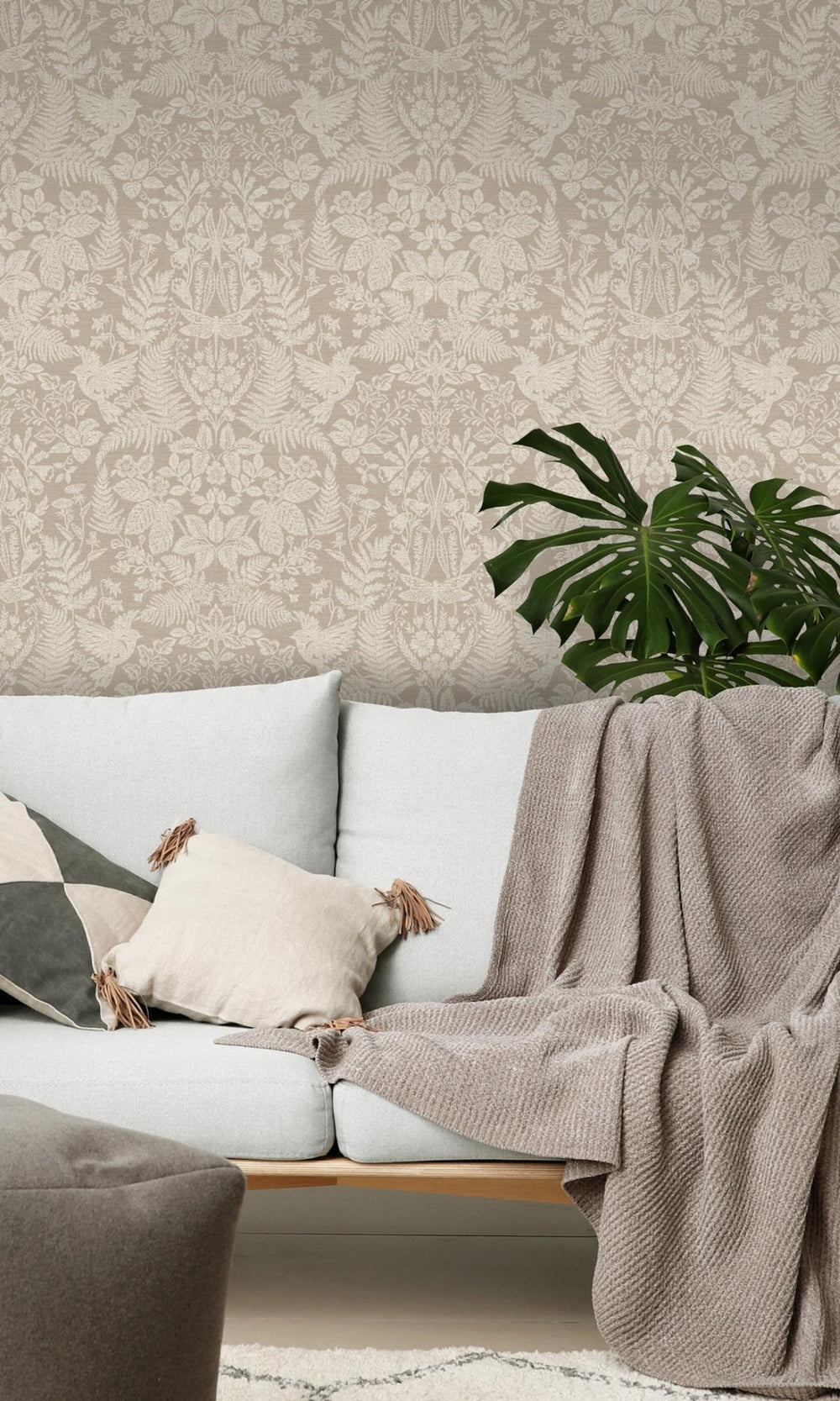 Taupe Floral Stitch Damask Wallpaper R7678