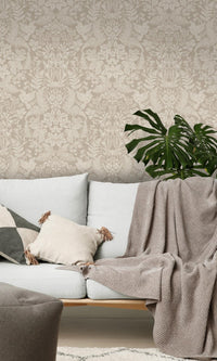 Taupe Floral Stitch Damask Wallpaper R7678
