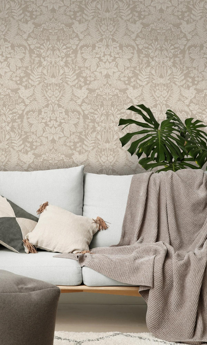 Taupe Floral Stitch Damask Wallpaper R7678