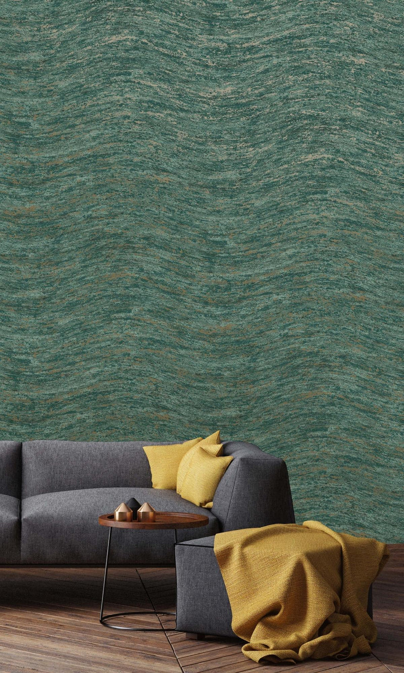 Teal Distressed Wavy Textured Metallic Wallpaper  R7672