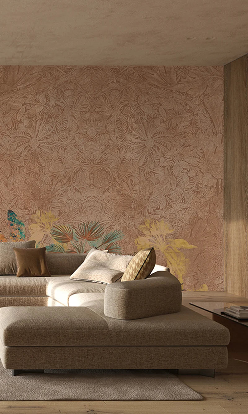 Bedroom with a tropical leaf wall mural