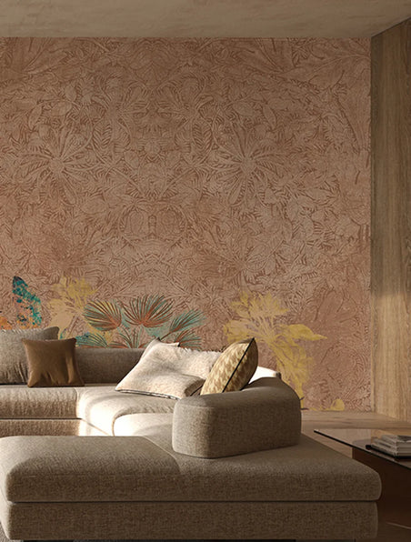Bedroom with a tropical leaf wall mural